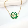 Brățara Trifoi cu Zambete – Initiala personalizata - Pandantiv si lant glisant din Argint 925 placat cu Aur Galben 18K - Email verde & Cristal Swarovski