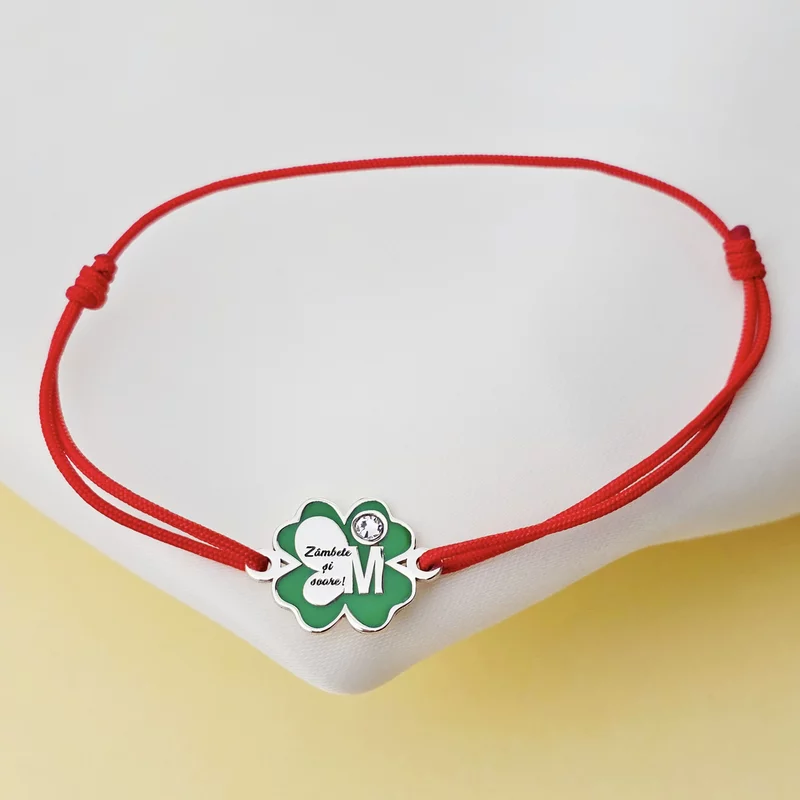 Brățara Trifoi cu Zambete – Initiala personalizata - Pandantiv si snur reglabil - Email verde & Cristal Swarovski picture - 2