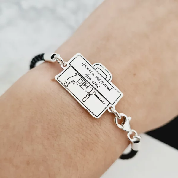 Bratara Trusa scule cu Bormasina gravata - Argint 925, piele impletita