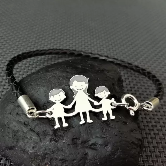 Bratara  Unisex cu membrii Familiei - 3 membri - Mama si copii - Argint 925, piele impletita