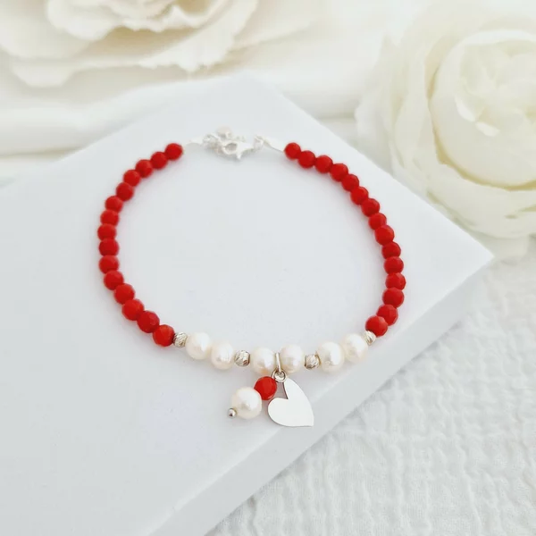Bratara Vitalitate - Iubire margaritara - Perle, bilute 2.5 mm si charm inima din Argint 925 - Pietre semipretioase Coral - Inchizatoare carabina cu prelungire
