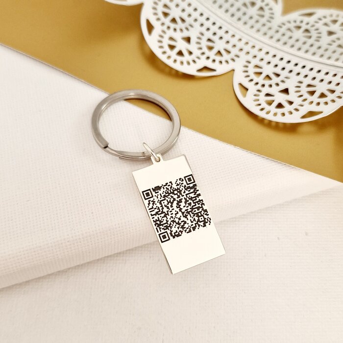 Breloc drepunghiular personalizat cu QR code - Argint 925, otel inoxidabil