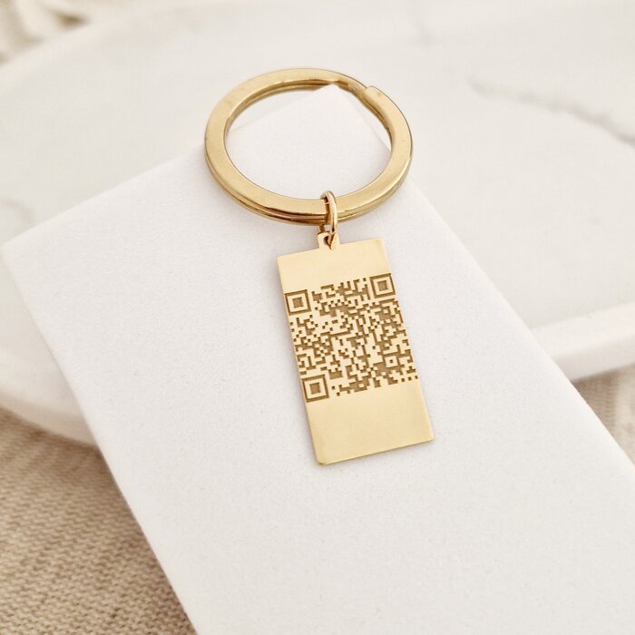 Breloc drepunghiular personalizat cu QR code - Argint 925 placat cu Aur Galben 18K, otel inoxidabil