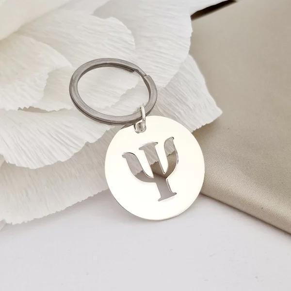 Breloc Rotund PSI - simbol Psihologie decupat - Argint 925, inel otel inoxidabil