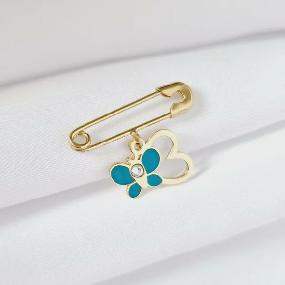 Brosa Ac de siguranta - Fluture in zbor de culoare –  Argint 925 placat cu Aur Galben 18K - Email turcoaz & Cristal Swarovski