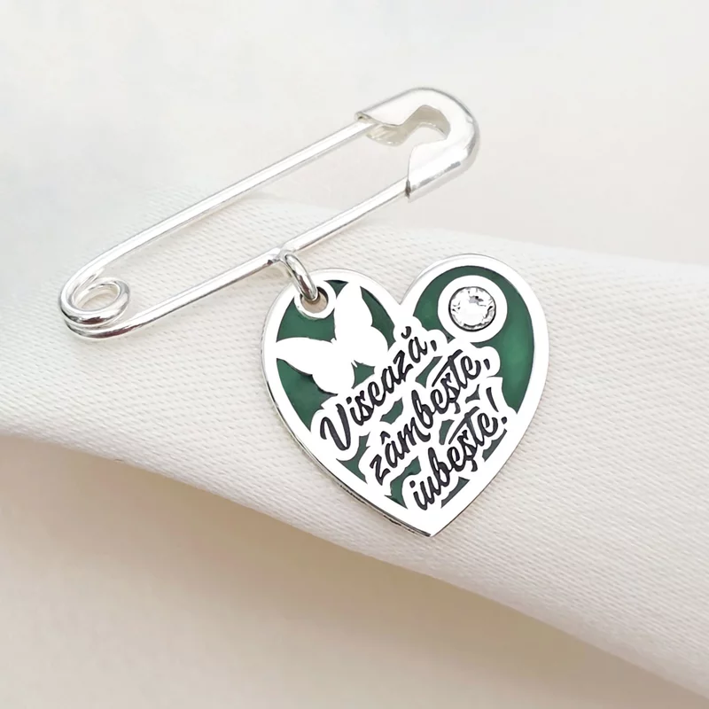 Brosa Ac de siguranta - Inima cu Zambete – Text personalizat - Argint 925 - Email verde & Cristal Swarovski picture - 3