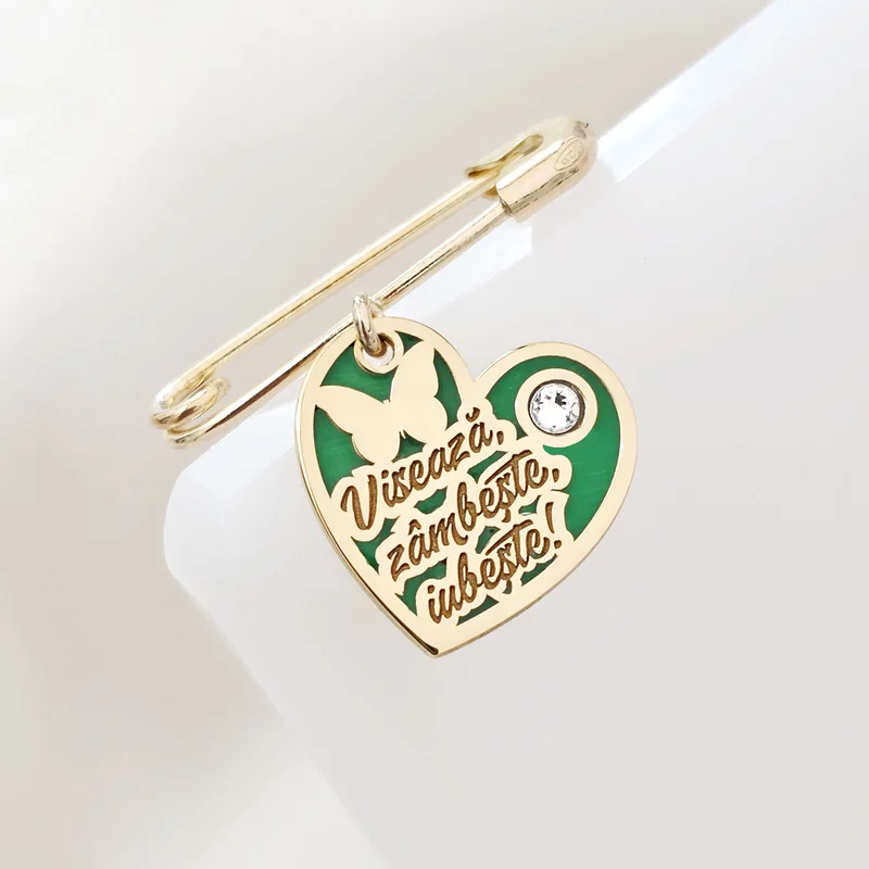 Brosa Ac de siguranta - Inima cu Zambete – Text personalizat - Argint 925 placat cu Aur Galben 18K - Email verde & Cristal Swarovski picture - 3