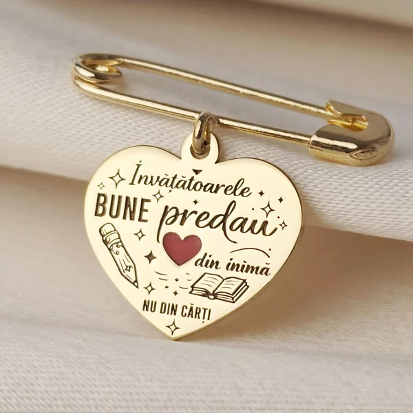 Brosa Ac de siguranta - Pandantiv inima  Invatatoare - email rosu -  Argint 925 placat cu Aur Galben 18K