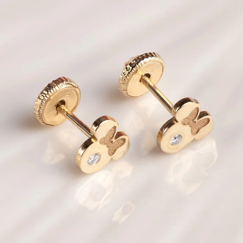 Cercei bebe cu Diamant natural - Cap de soricel cu funda maro - Aur Galben 9K - Inchizatoare filet picture - 2