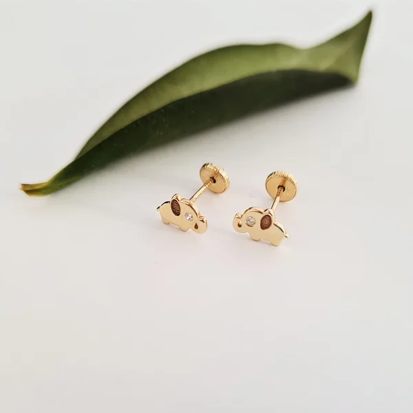 Cercei bebe/fetite cu Diamant naturat - Model elefantei - Aur Galben 14K - Inchizatoare sigura si confortabila cu filet