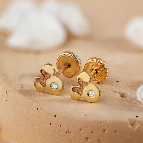 Cercei bebe/fetite cu Diamant natural - Model Minnie Mouse - Aur Galben 14K - Inchizatoare filet