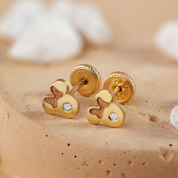 Cercei bebe/fetite cu Diamant natural - Model Minnie Mouse - Aur Galben 14K - Inchizatoare filet
