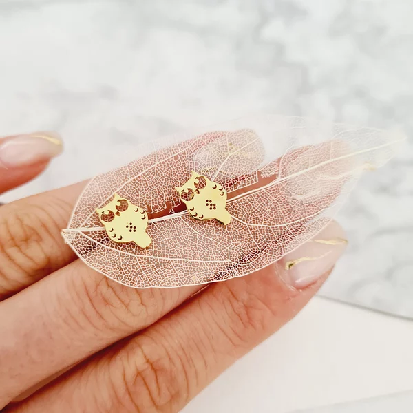 Cercei Bufnita aurie - Argint 925 placat cu Aur Galben 18K - Inchizatoare surub