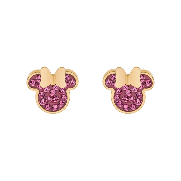 Cercei Disney Minnie Mouse - Otel Medical Inoxidabil Auriu si Cristale Roz