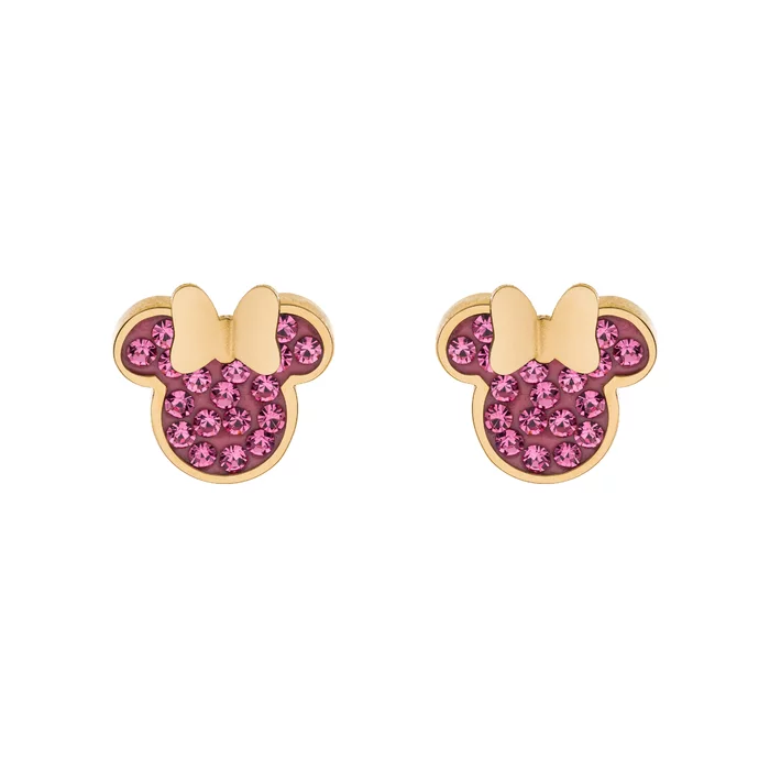 Cercei Disney Minnie Mouse - Otel Medical Inoxidabil Auriu si Cristale Roz