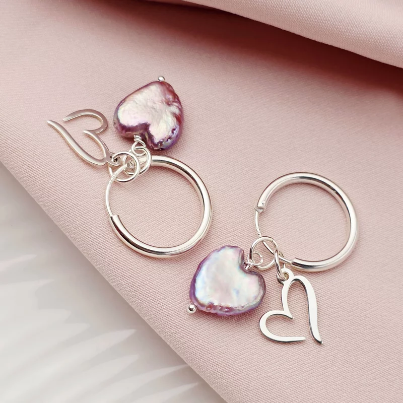 Cercei HOOPS - Inimi purpurii -  Model cu perla purple heart si o inima decupata - Argint 925 picture - 2