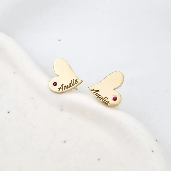 Cercei Inima personalizati -  Argint 925 Placat cu Aur galben 18K - decorati cu rubin