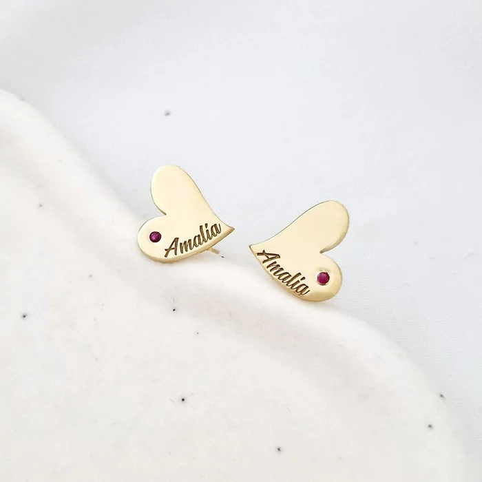 Cercei Inima personalizati - Argint 925 Placat cu Aur galben 18K - decorati cu rubin