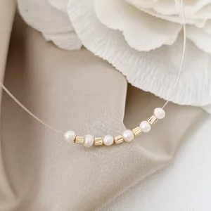 Choker cu perle - Stralucire insiruita - Lant silicon si Cilindri Aur Galben 14K