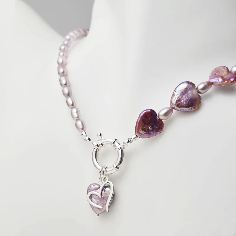 Colier cu Perle - Inimi purpurii - Model combinatie de perle rice mov cu perle purple heart - Argint 925 picture - 3