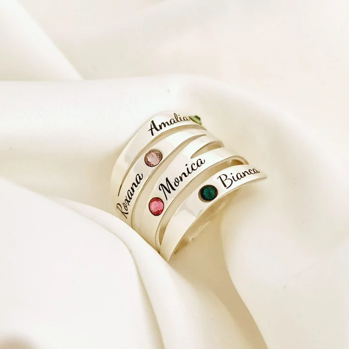 Inel personalizat 4 nume - Valurile Iubirii - Argint 925 si Cristale Swarovski