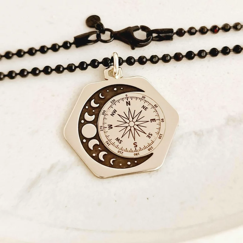 Lant barbatesc - Busola si Fazele Lunii - Argint 925 si lant negru Army picture - 3