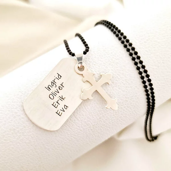 Lant barbatesc - Dog Tag & Cruce - Personalizat nume - Argint 925 matuit