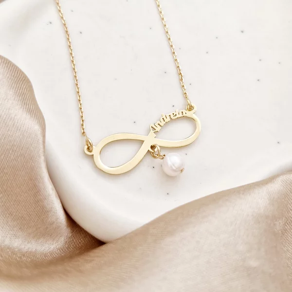 Lant infinit personalizat cu nume si picatura de perla - Argint 925 placat cu Aur Galben 18K