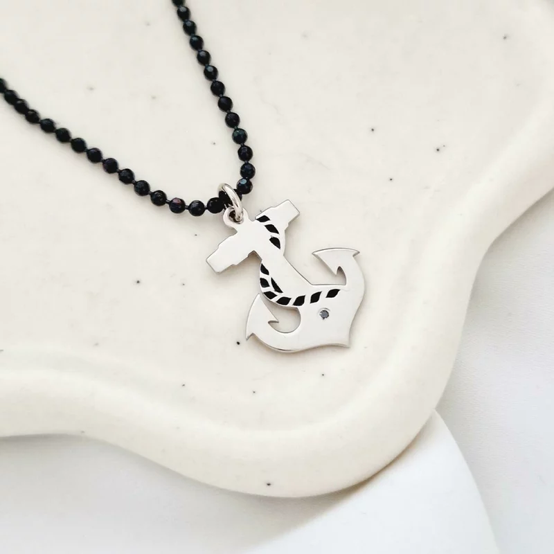 Lantisor Barbatesc cu Pandantiv Ancora – Argint 925 Rodiat, Email Negru si Diamant Negru picture - 2