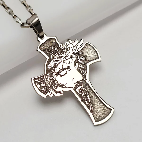 Lantisor Chipul lui Iisus pe crucea sfanta - Bijuterie cu Har pentru barbat - Argint 925 Rodiat - Lant cu zale groase