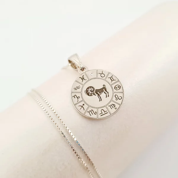 Lantisor personalizat - Roata zodiacala - Pandantiv de 20 mm cu Diamant natural -  Argint 925 Rodiat