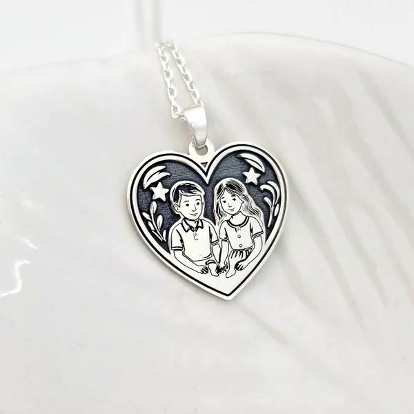 Lantisor cu medalion inima - Inimă cu amintiri - baiat si fetita - Argint 925 - Lant forzatina