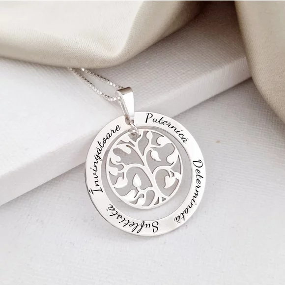 Lantisor cu pandantiv personalizat - Copacul Vietii inconjurat de nume - Argint 925