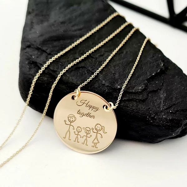 Lantisor cu pandantiv personalizat cu familie - Happy together - Banut de 20 mm - Aur Galben 14K