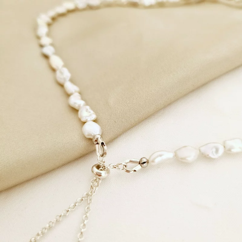 Lantisor cu Perle - Dansul timpului - Combinație cu perle keshi si lant glisant cu o clepsidra si o perla Baroque - Argint 925 picture - 3