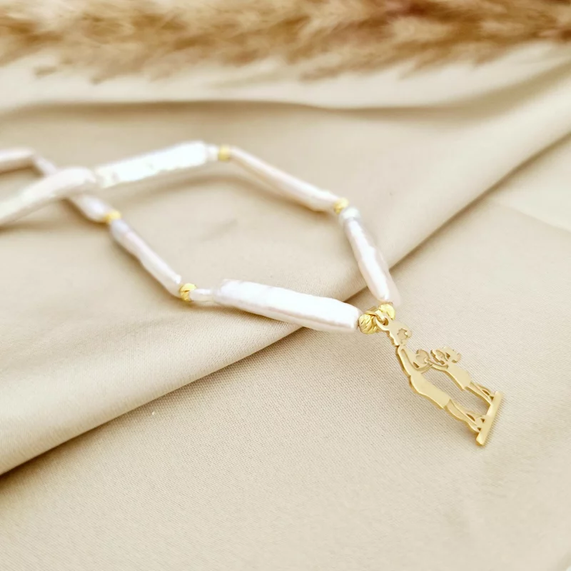 Lantisor cu Perle - Darul din inima - Model sirag de perle stick silver cu bilute si pandantiv din Argint 925 placat cu Aur Galben 18K picture - 4