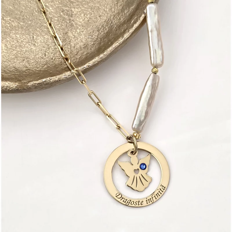 Lantisor cu Perle - Medalion disc cu silueta de ingeras si inimioara decupata - Cristal swarovski -  Model sirag de perle stick silver si bilute din Argint 925 placat cu Aur Galben 18K picture - 3