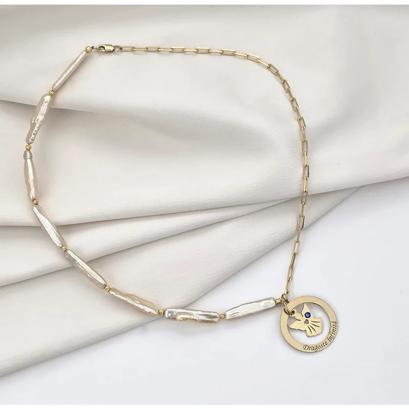 Lantisor cu Perle - Medalion disc cu silueta de ingeras si inimioara decupata - Cristal swarovski -  Model sirag de perle stick silver si bilute din Argint 925 placat cu Aur Galben 18K picture - 5