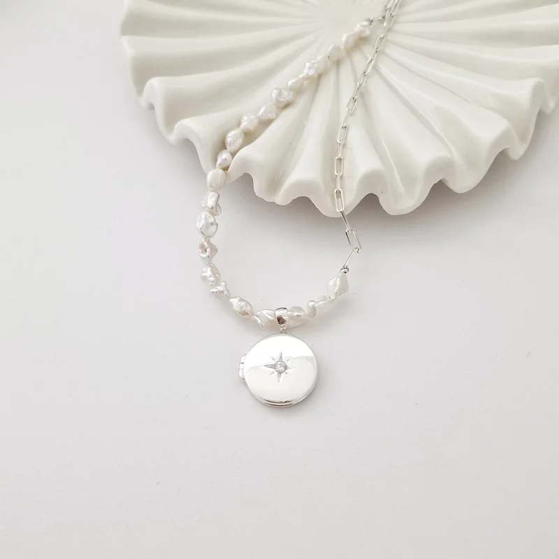 Lantisor cu Perle - Medalion Eterna Stea - Combinație cu perle keshi si lant cu zale dreptunghiulare mici - Argint 925 picture - 4