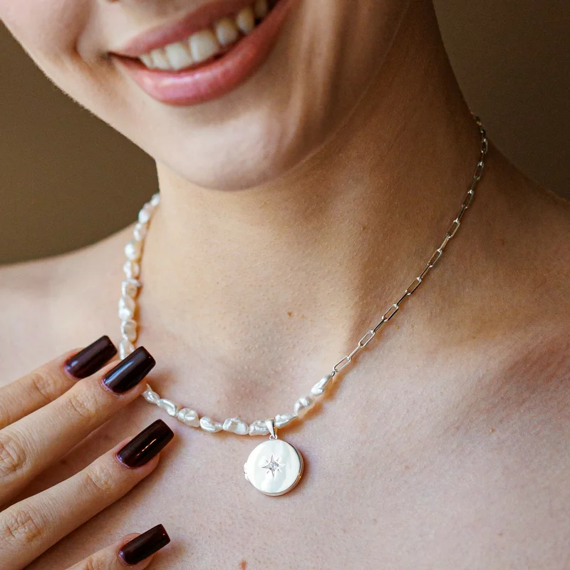 Lantisor cu Perle - Medalion Eterna Stea - Combinație cu perle keshi si lant cu zale dreptunghiulare mici - Argint 925 picture - 3