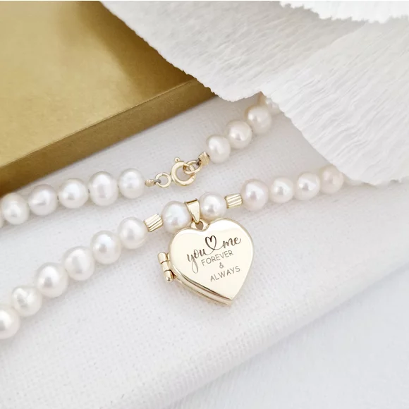 Lantisor cu Perle - Medalionul amintirilor INIMA - Model sirag de perle - Aur Galben 14K