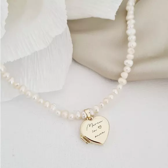 Lantisor cu Perle - Medalionul amintirilor INIMA - Model sirag de perle - Aur Galben 9K