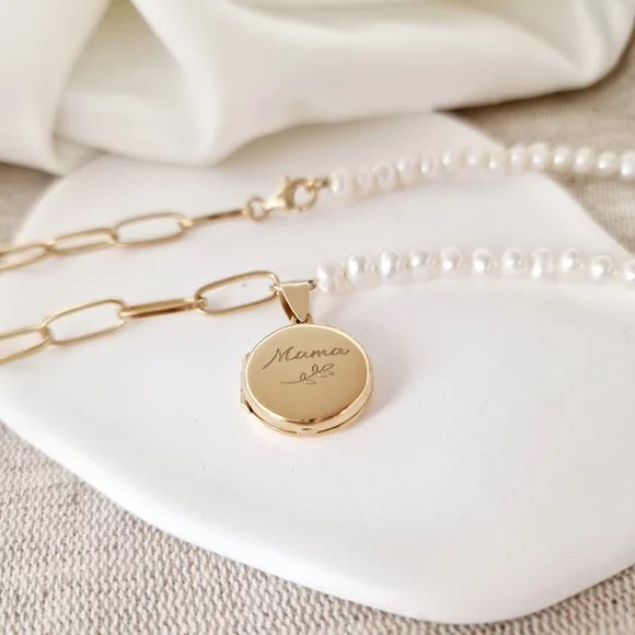Lantisor cu Perle - Medalionul amintirilor ROTUND - Combinație lant cu zale dreptunghiulare si perle - Argint 925 placat cu Aur galben 18K