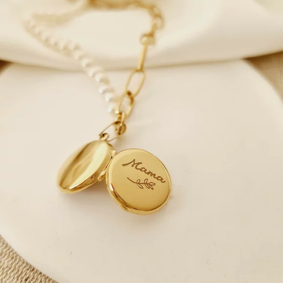Lantisor cu Perle - Medalionul amintirilor ROTUND - Combinație lant cu zale dreptunghiulare si perle - Argint 925 placat cu Aur galben 18K