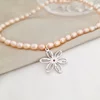 Lantisor cu Perle - Misterul petalelor - Model sirag perle rice peach si pandantiv floare cu Rubin - Argint 925