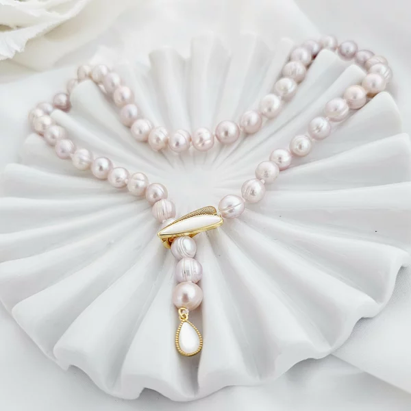 Lantisor cu Perle - model sirag de perle potato roz de apa dulce - Argint 925 placat cu Aur Galben 18K