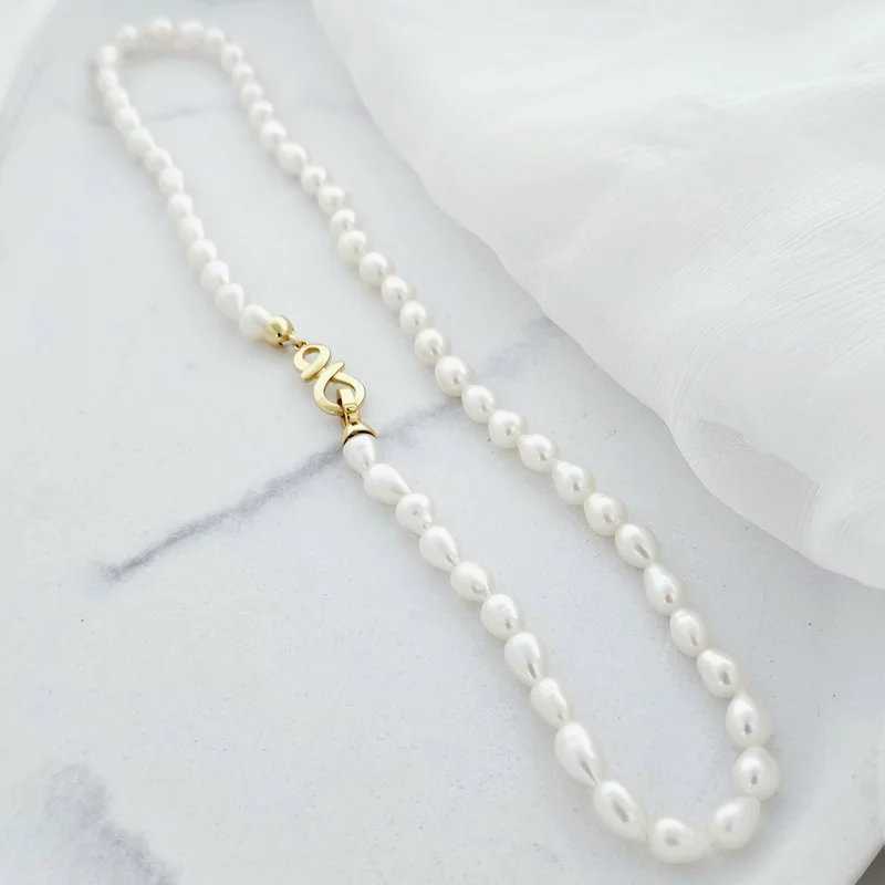 Lantisor cu Perle - model sirag de perle Rice Albe de apa dulce - Argint 925 placat cu Aur Galben 18K picture - 5