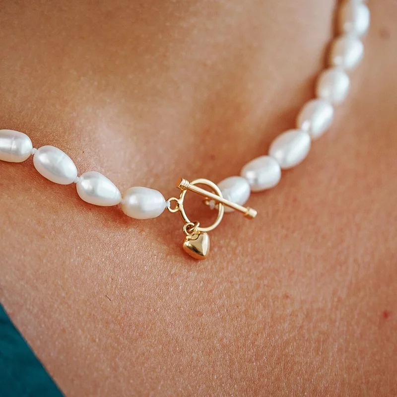Lantisor cu Perle - model sirag de perle rice albe de apa dulce - Argint 925 placat cu Aur Galben 18K picture - 7