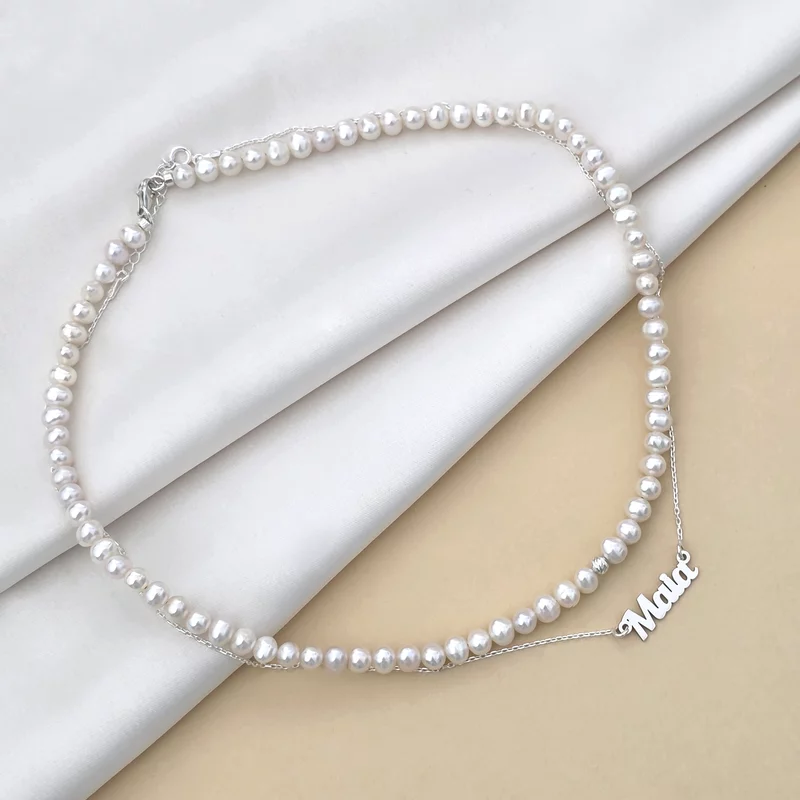 Lantisor cu Perle - Nume melodios - Model 2 straturi cu sirag perle si lantisor cu numele tau - Argint 925 picture - 2