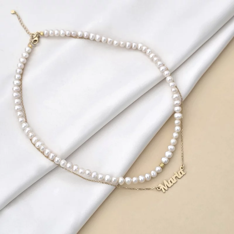 Lantisor cu Perle - Nume melodios - Model 2 straturi cu sirag perle si lantisor cu numele tau - Argint 925 placat cu Aur Galben 18K picture - 2